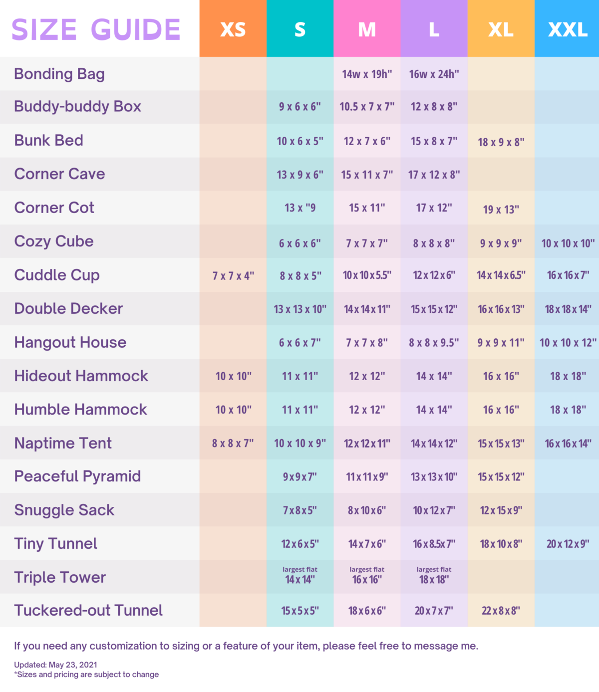 Cozy Critter Cribs Product Size Guide