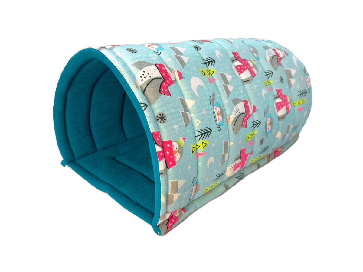 Tiny Tunnel Hideout for Small Animals (X-Large 18) with fleece potty pad Polar Penguins & Turquoise